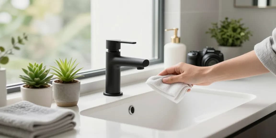 Een moderne design kraan in een minimalistische badkamer met planten en schoonmaakproducten.