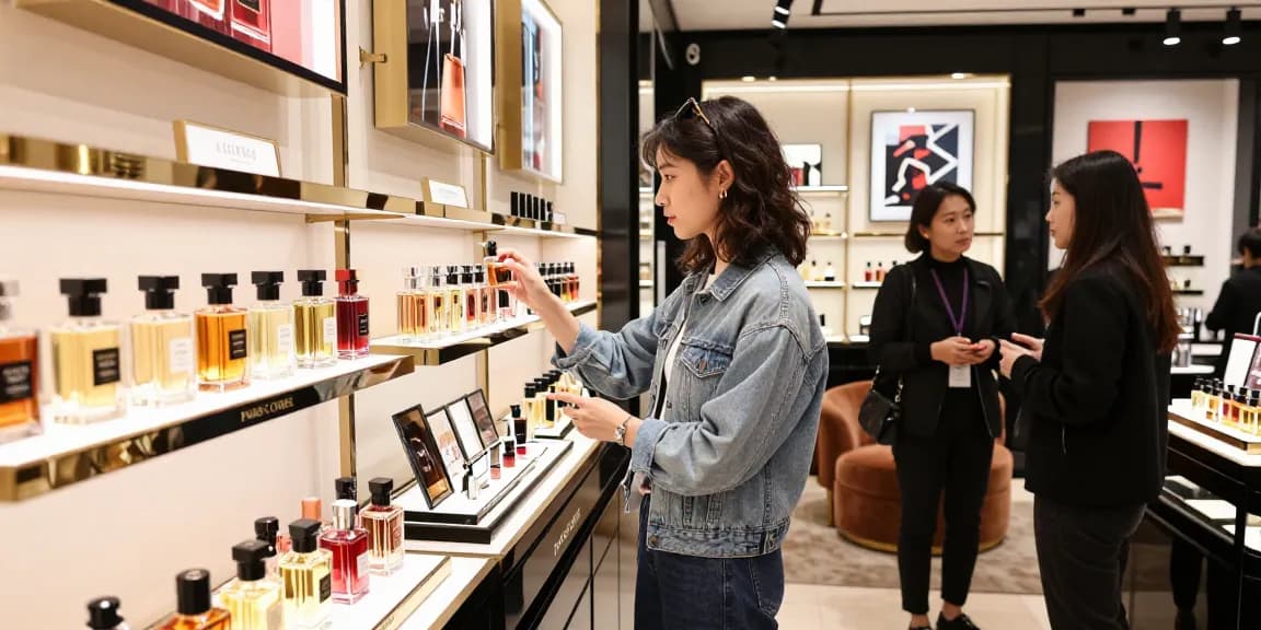 Paris Corner parfum in luxe winkelomgeving met elegante flessen en stijlvolle klanten.