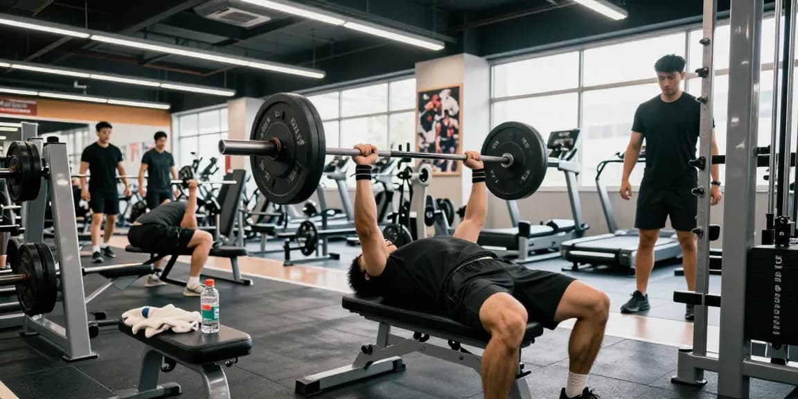 Prime Pharma Steroiden showcased in dynamic gym scene with an athlete performing a bench press, highlighting energy and focus in fitness.