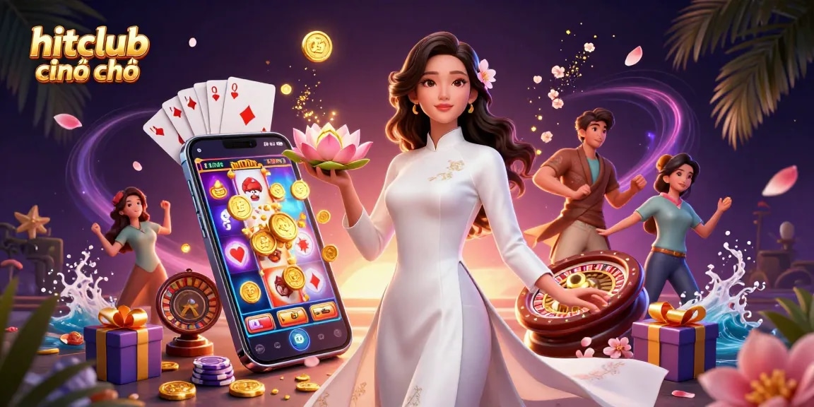 Experience the excitement of hitclub chính chủ with captivating gaming elements and a serene Asian woman embodying elegance.