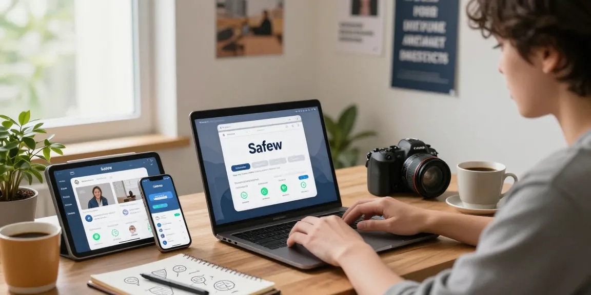 使用Safew进行安全通信的现代家庭办公室场景，展现隐私保护的重要性
