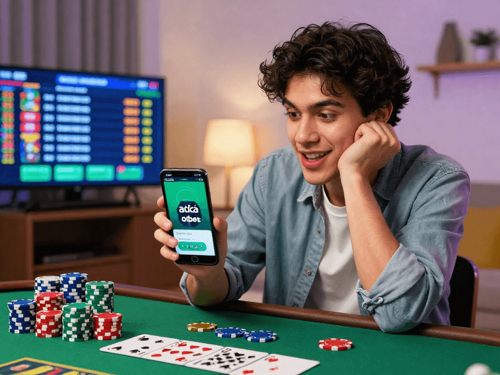 Excited user interacting with nhà cái oxbet mobile app while enjoying a lively gaming atmosphere.