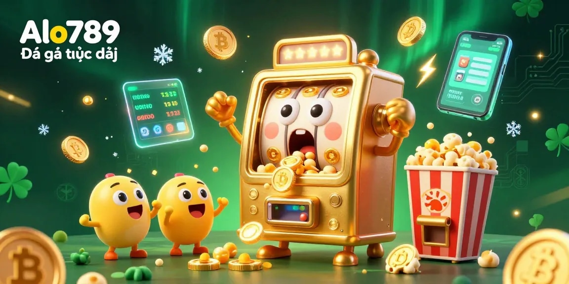 Alo789 Đá gà trực tiếp features a cartoon golden slot machine celebrating a jackpot amidst vibrant casino elements.