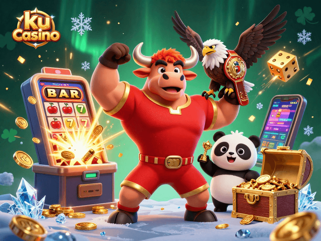 Experience the excitement at ku casino with vibrant 3D characters amidst an explosion of casino elements.