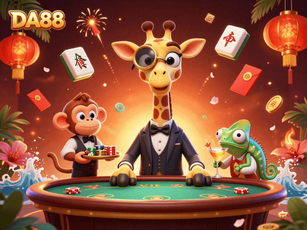 Engage with the thrilling DA88 casino scene featuring a high-roller giraffe and dynamic elements.