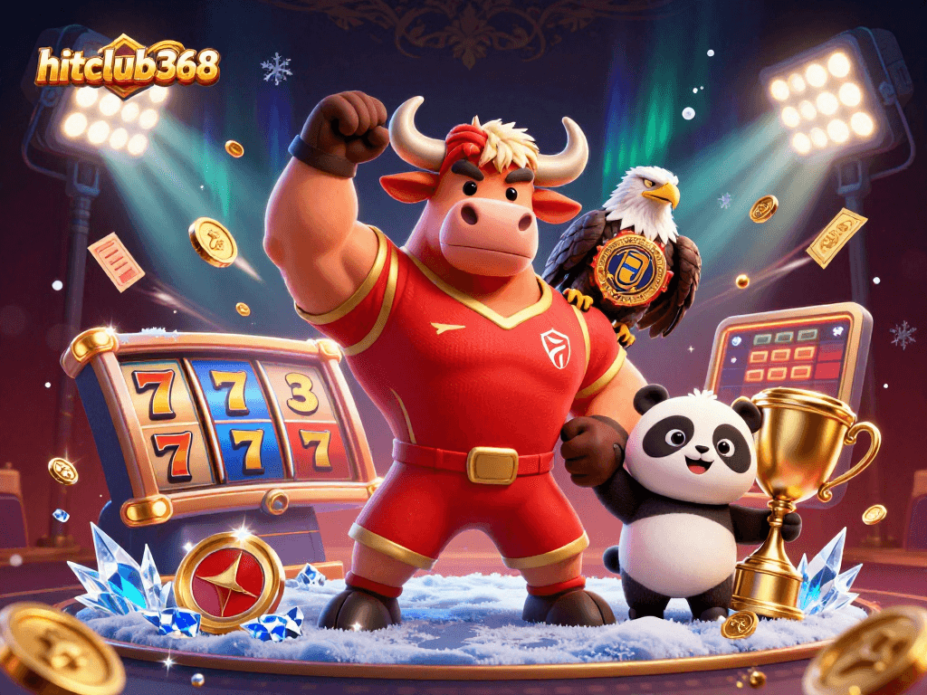 Experience the thrilling atmosphere of hitclub368 as a bull mascot celebrates a jackpot win!