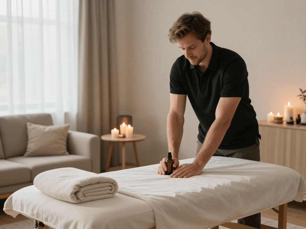 신림출장안마 home massage therapy setup with professional therapist and serene ambiance.