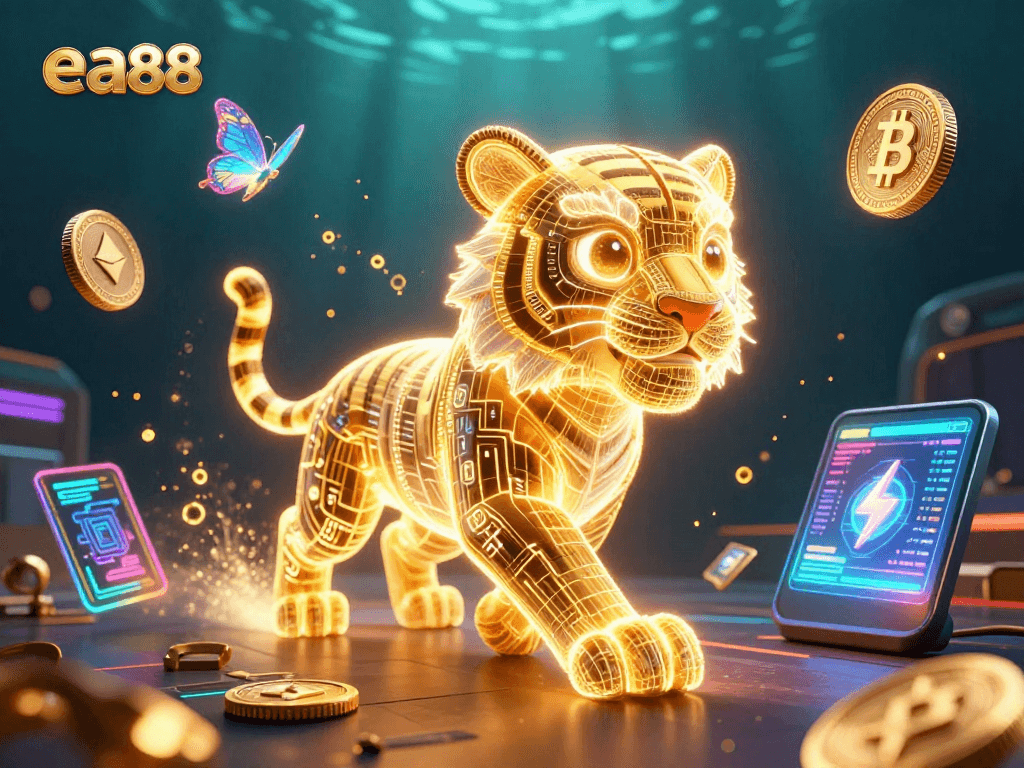 Engage with exciting gaming experiences at ea88, featuring a neon tiger and crypto elements in a vibrant casino.