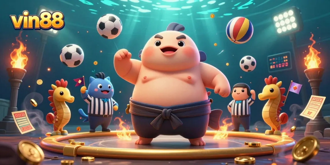 Join the excitement at vin88 with a dynamic underwater casino scene featuring a fugu, referee, and sports elements.