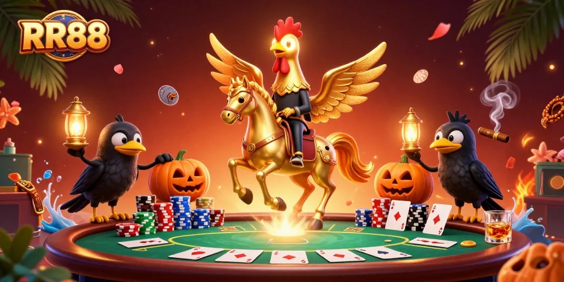 Engage in thrilling gameplay at RR88 casino featuring a golden rooster and friends in a lively midnight setting.