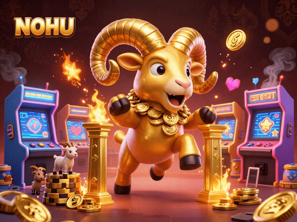 NOHU showcases a massive golden ram charging through a dynamic casino scene filled with vibrant gaming elements.
