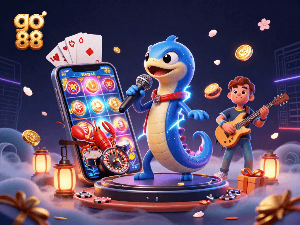 Win big with go 88 in this vibrant underwater casino scene, featuring colorful slot games and lively characters.