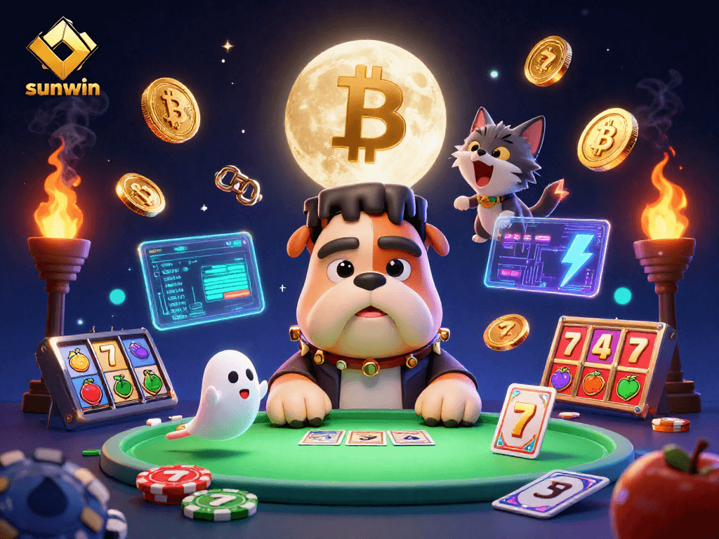 Join the action at sunwin with a Frankenstein bulldog dealing cards at a vibrant casino.