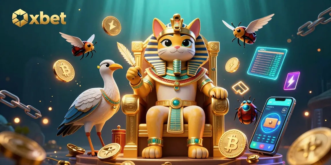 Experience the thrill of Oxbet with a vibrant 3D illustration showcasing Egyptian characters amidst crypto casino elements.