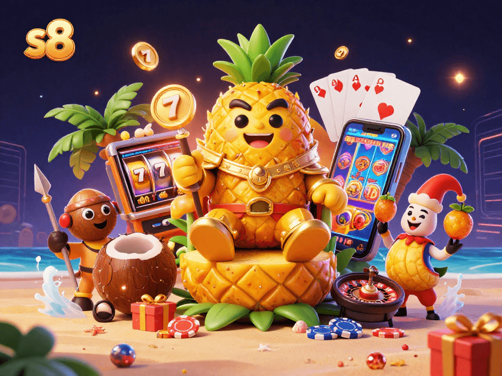 S8 casino features a vibrant scene with a pineapple king, casino elements, and lively characters.