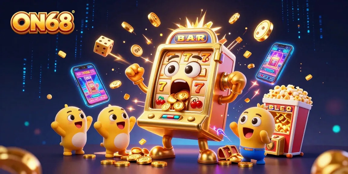 Spin the reels with ON68 at the vibrant casino scene, featuring a joyful golden slot machine and cheering baby slots.