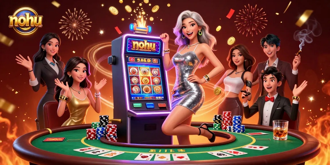 NoHu casino excitement: Asian woman celebrates a jackpot win among colorful poker elements.