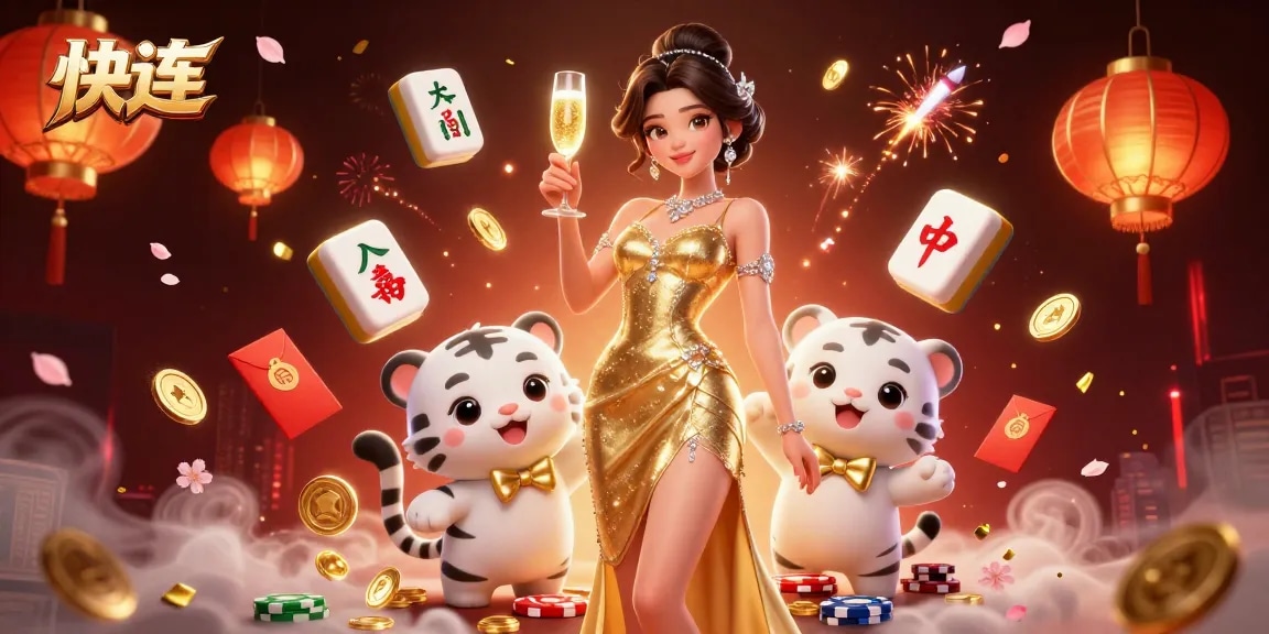 通过快连提升您的赌博体验,展现一位迷人的女性和一只幸运的老虎,置身于热闹的赌场场景中。