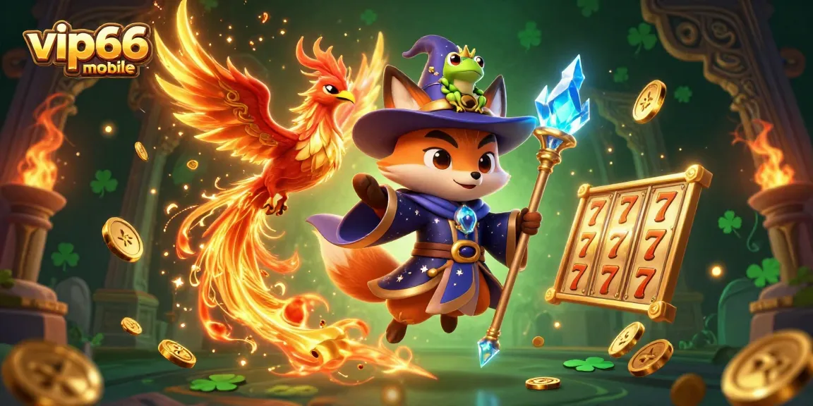 Experience thrilling slots with vip66 mobile, a vibrant illustration featuring mystical characters and game elements.