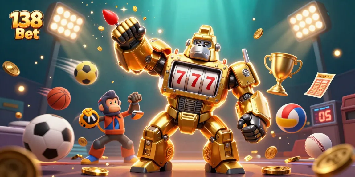 Engage with 138 Bet through a dynamic 3D casino illustration showcasing sports excitement and vibrant gambling elements.