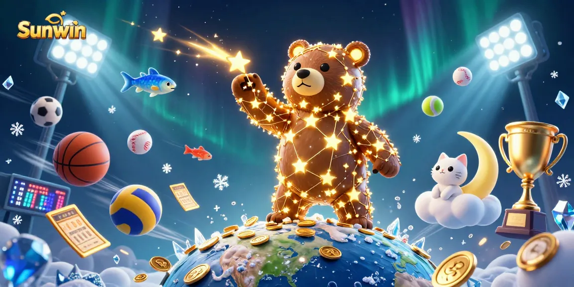 Experience the thrill of winning with Sunwin, where a 3D constellation bear gathers golden coins in a vibrant, dynamic casino scene.
