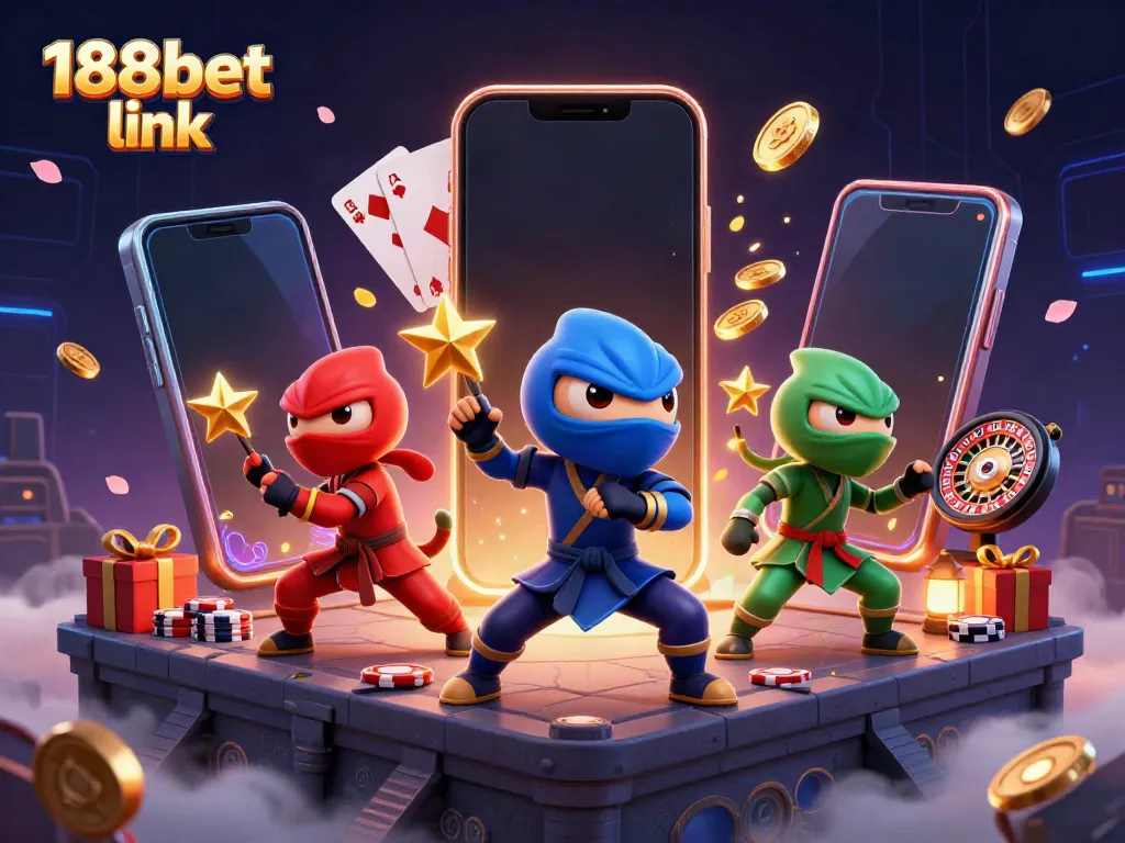 Engage with 188bet link through a vibrant 3D scene of cartoon chameleons amidst casino elements.
