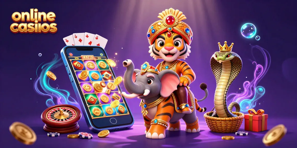 Experience the excitement of online casinos with a maharaja, elephant, and cobra amidst vibrant games and rewards.