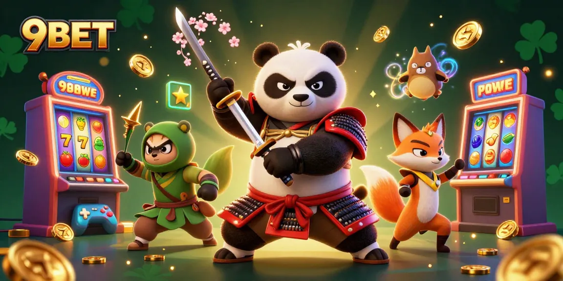 Experience thrilling gameplay at 9BET with vibrant 3D casino action featuring a panda samurai and ninja fox.