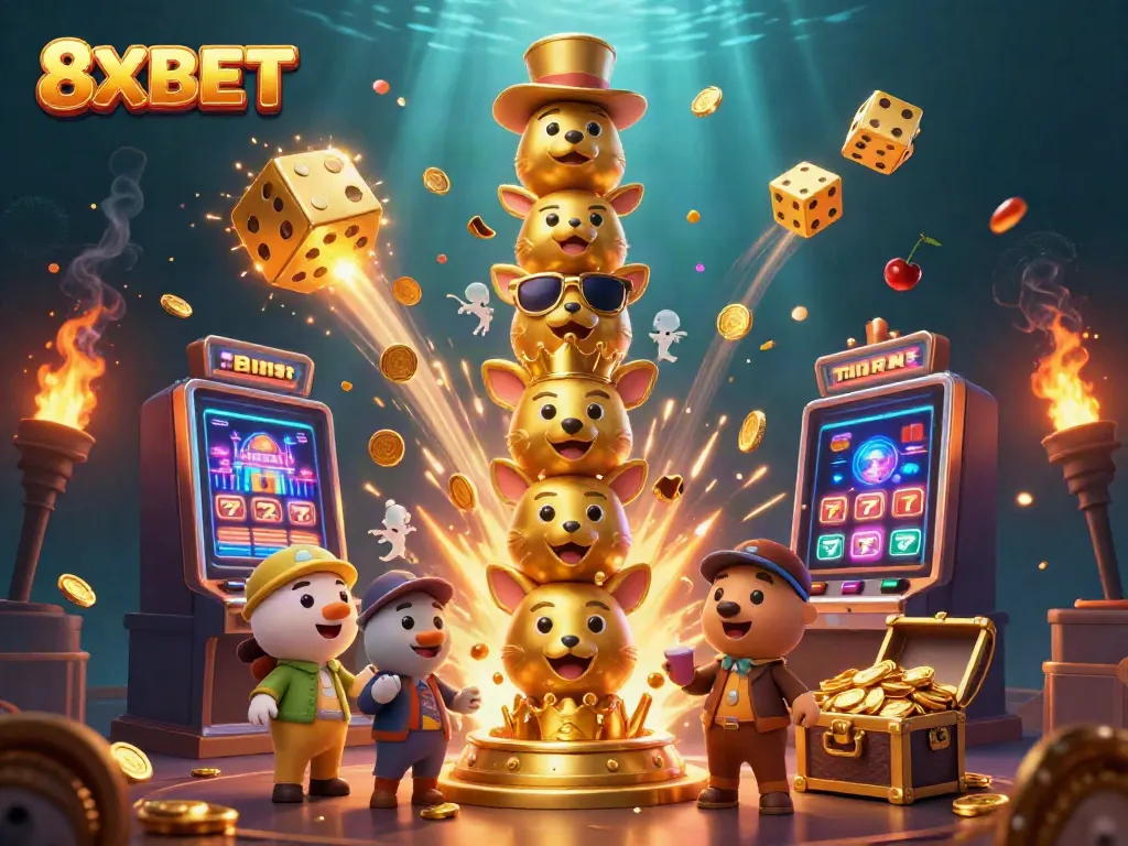 8XBET showcases an engaging online gaming scene with a jackpot explosion, vibrant elements around the totem pole.