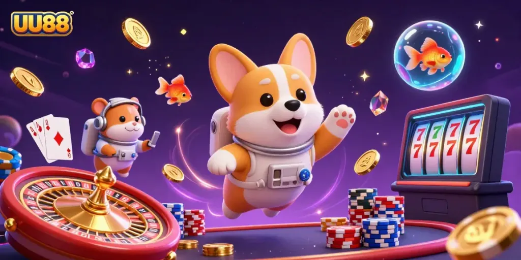 Experience the excitement of UU88 in a lively casino scene with a corgi and hamster in zero gravity.