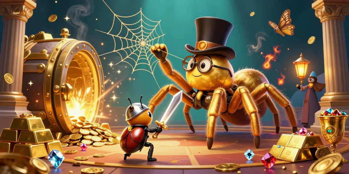 Kukuwin cartoon scene with a golden tarantula, beetle knight, and gold treasures capturing online casino excitement.