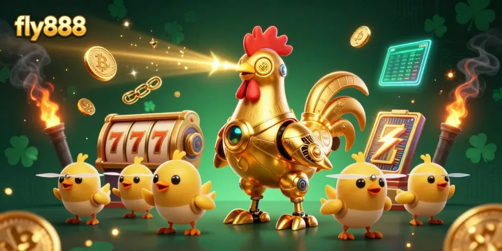 Experience exhilarating wins with fly888 in a vibrant 3D casino scene featuring a golden rooster and crypto elements.