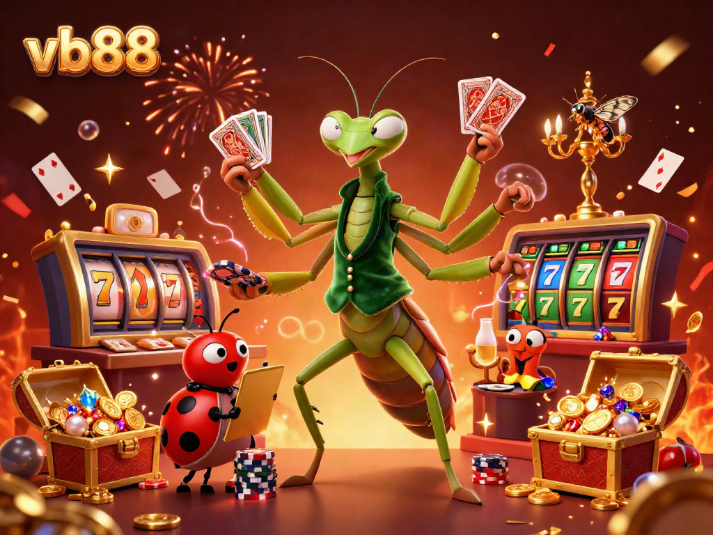 Engage in exciting gaming at vb88 with a vibrant casino illustration featuring dynamic characters and rich game elements.