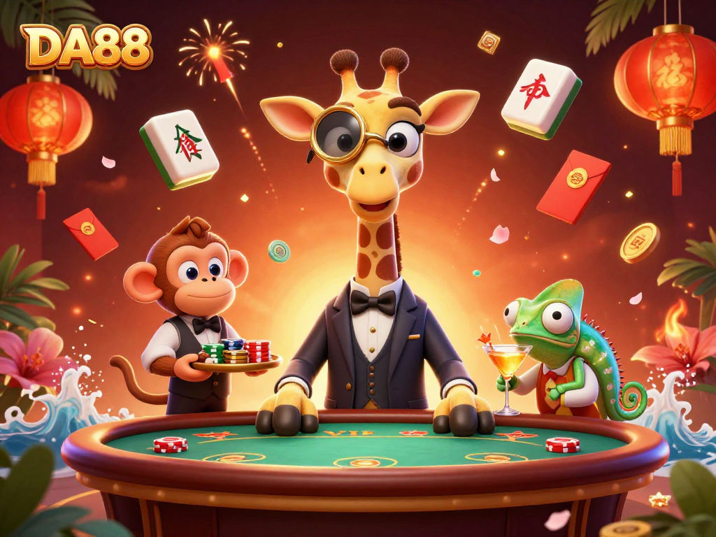 Engage with the thrilling DA88 casino scene featuring a high-roller giraffe and dynamic elements.