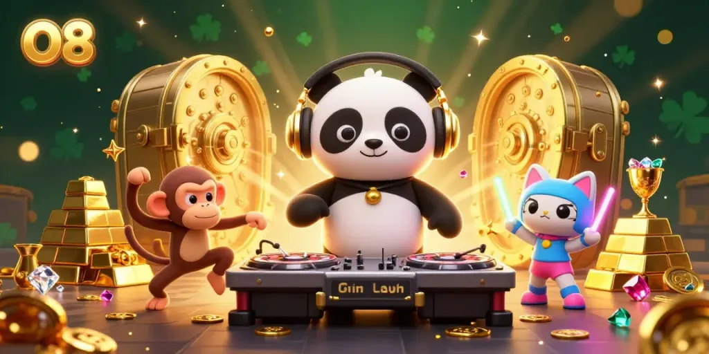 Experience thrilling winnings at O8 with animated characters and rich casino elements.
