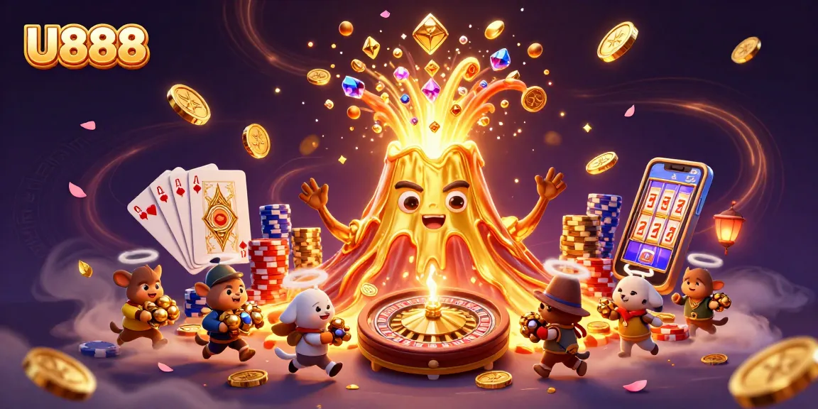 Experience thrilling wins at U888 with playful animals escaping a golden volcano's treasure!