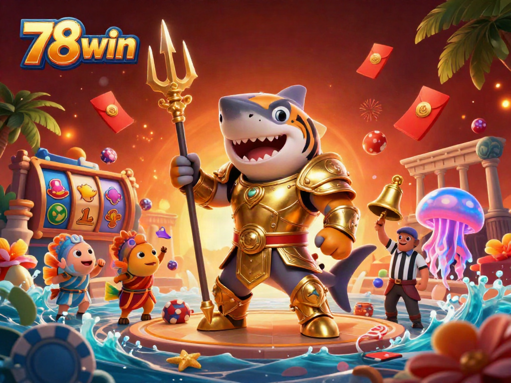 Engage in thrilling entertainment at 78win with a vibrant 3D casino scene featuring a tiger shark gladiator.