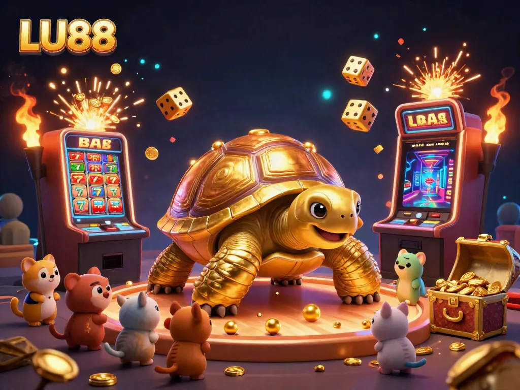 LU88 showcases an exciting gaming atmosphere with a colossal tortoise pinball machine and vivid slot elements.