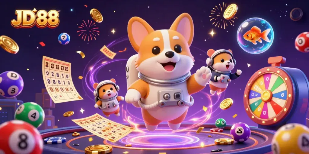 Experience JD 88's captivating space casino scene with a corgi, hamster, and goldfish amidst a fun lottery atmosphere.