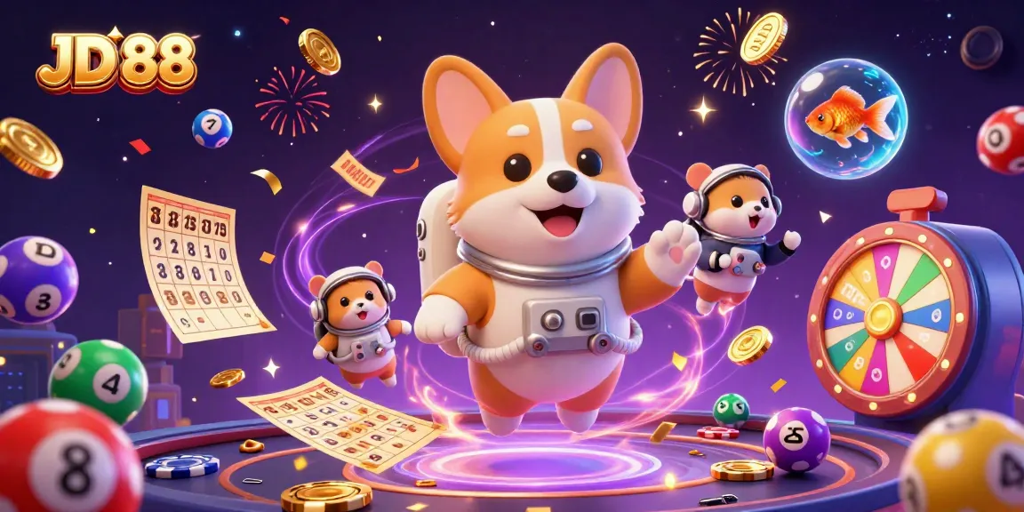 Experience JD 88's captivating space casino scene with a corgi, hamster, and goldfish amidst a fun lottery atmosphere.