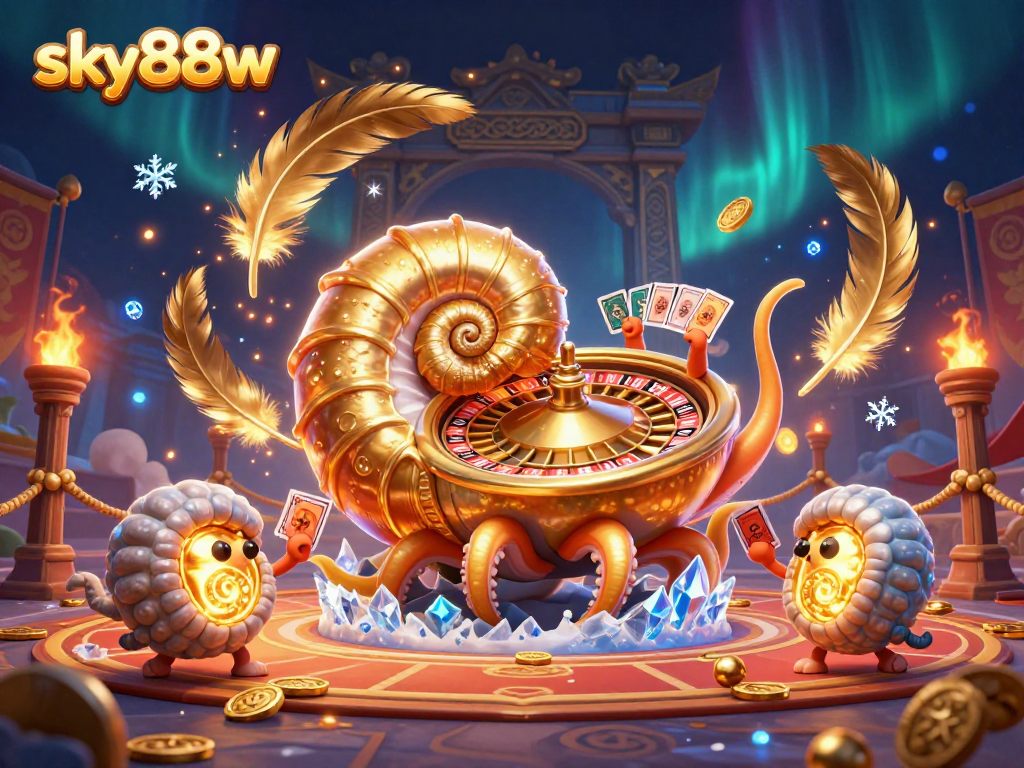 Engage in thrilling gameplay at sky88w with a vibrant scene featuring a nautilus roulette wheel and glowing cards.