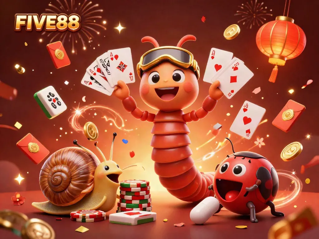 Experience the thrill of FIVE88 with a vibrant casino scene featuring unique characters and festive elements.