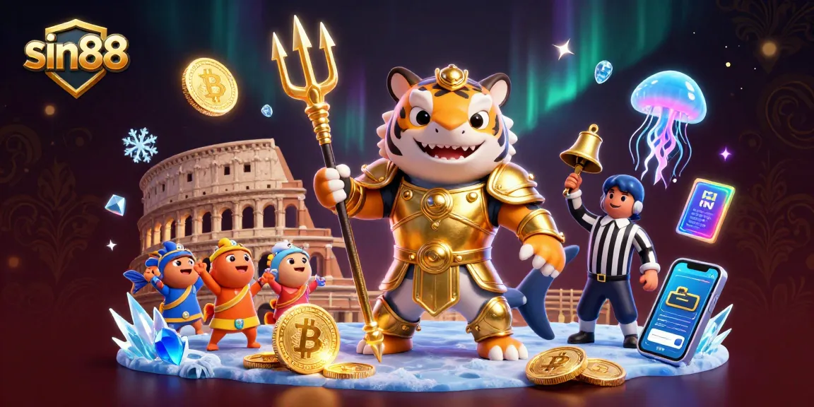 Experience exciting gameplay at sin88 with a heroic tiger shark in a vibrant underwater casino.