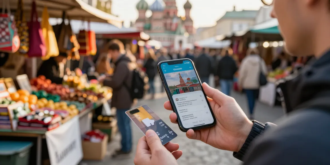 Met de Pay in Russia app betalen op een levendige markt, kleurrijke kraampjes op de achtergrond en lokale producten.