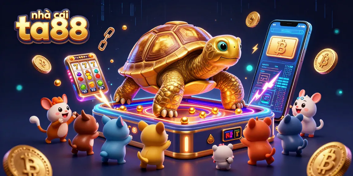 Engage with nhà cái ta88 through an exciting 3D illustration featuring a pinball tortoise and vibrant casino elements.