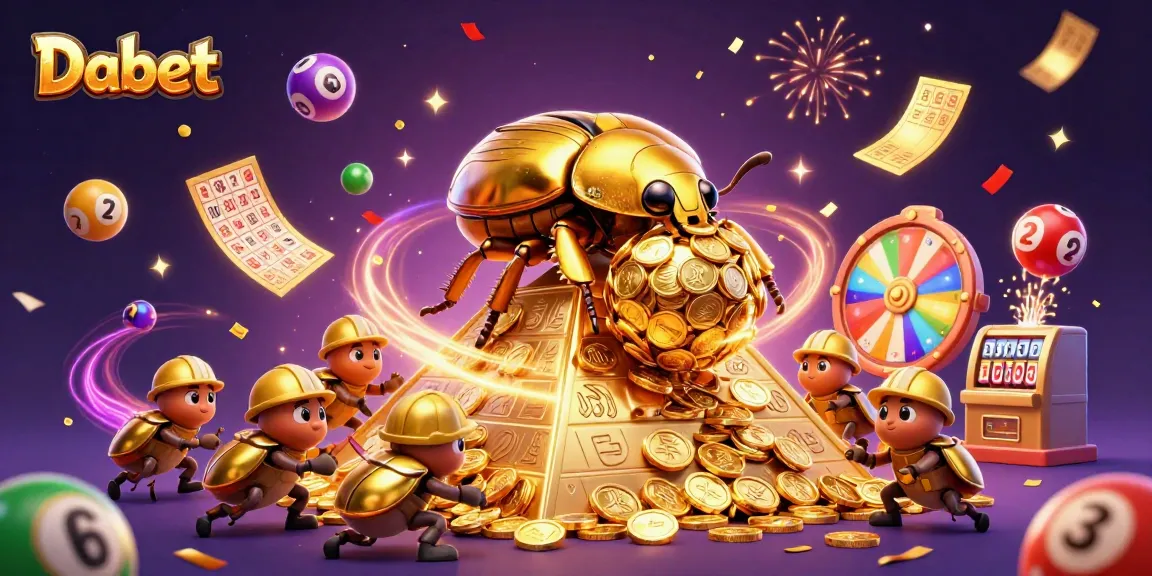Dabet revolutionizes gambling with a cartoonish scene of joyous beetles celebrating with golden coins and colorful lottery elements.