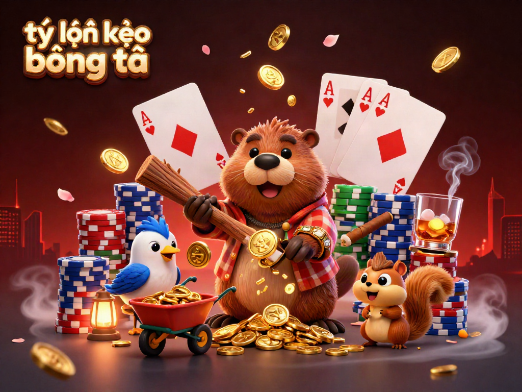 Engage with tỷ lệ kèo bóng đá as a lumberjack beaver collects coins in a festive casino scene.