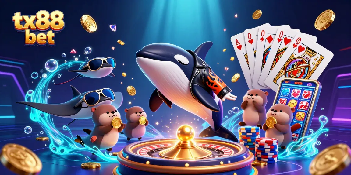 Experience tx88 bet with a lively 3D illustration of an orca, stingray, and otters celebrating winning together.