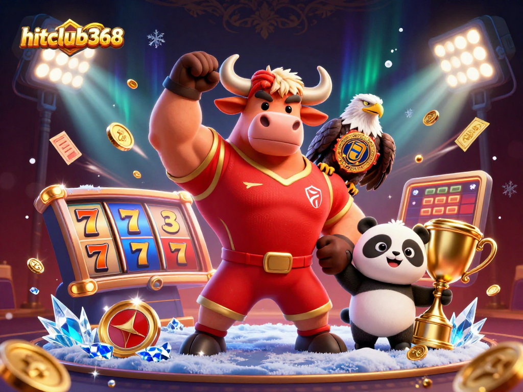 Experience the thrilling atmosphere of hitclub368 as a bull mascot celebrates a jackpot win!