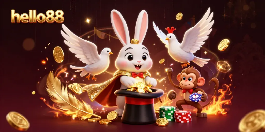 Engaging Hello88 casino illustration showcasing a magical scene with characters and gambling elements.